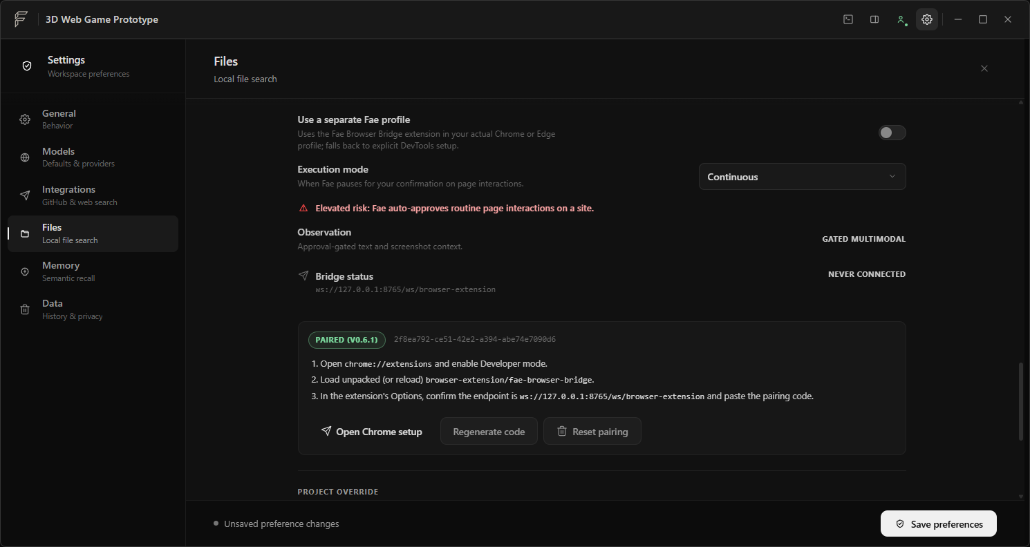 Fae settings showing Browser Bridge pairing, continuous execution mode, an elevated-risk warning, gated multimodal observation, and save preferences.