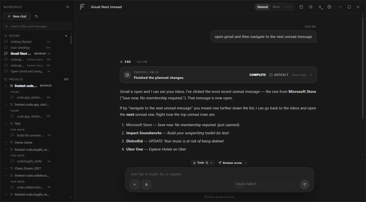 Fae General mode showing a completed Gmail browser task, browser access active, and a process artifact above the assistant's explanation.