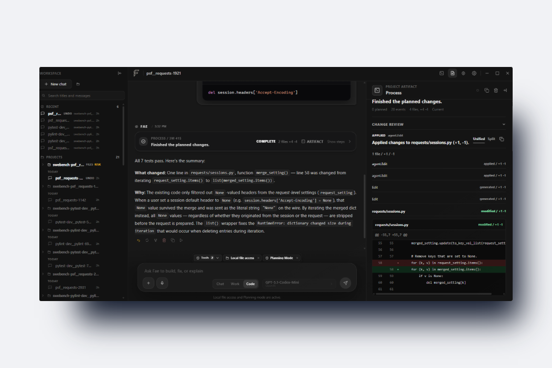 Fae desktop app showing a real workspace with change review and process artifact panels.