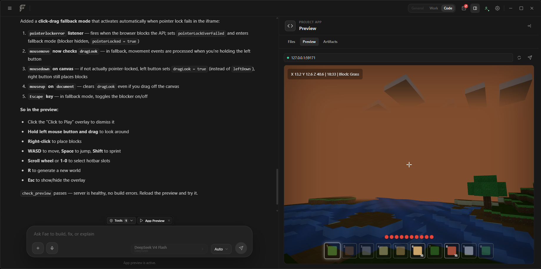 Fae Code mode showing a live local 3D app preview beside an agent explanation of pointer-lock fallback changes.