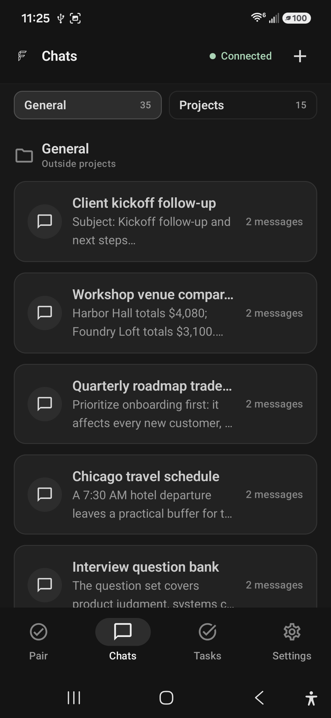 Fae Mobile Chats screen showing connected General conversation history for client follow-up, venue comparison, roadmap planning, travel scheduling, and interview questions.