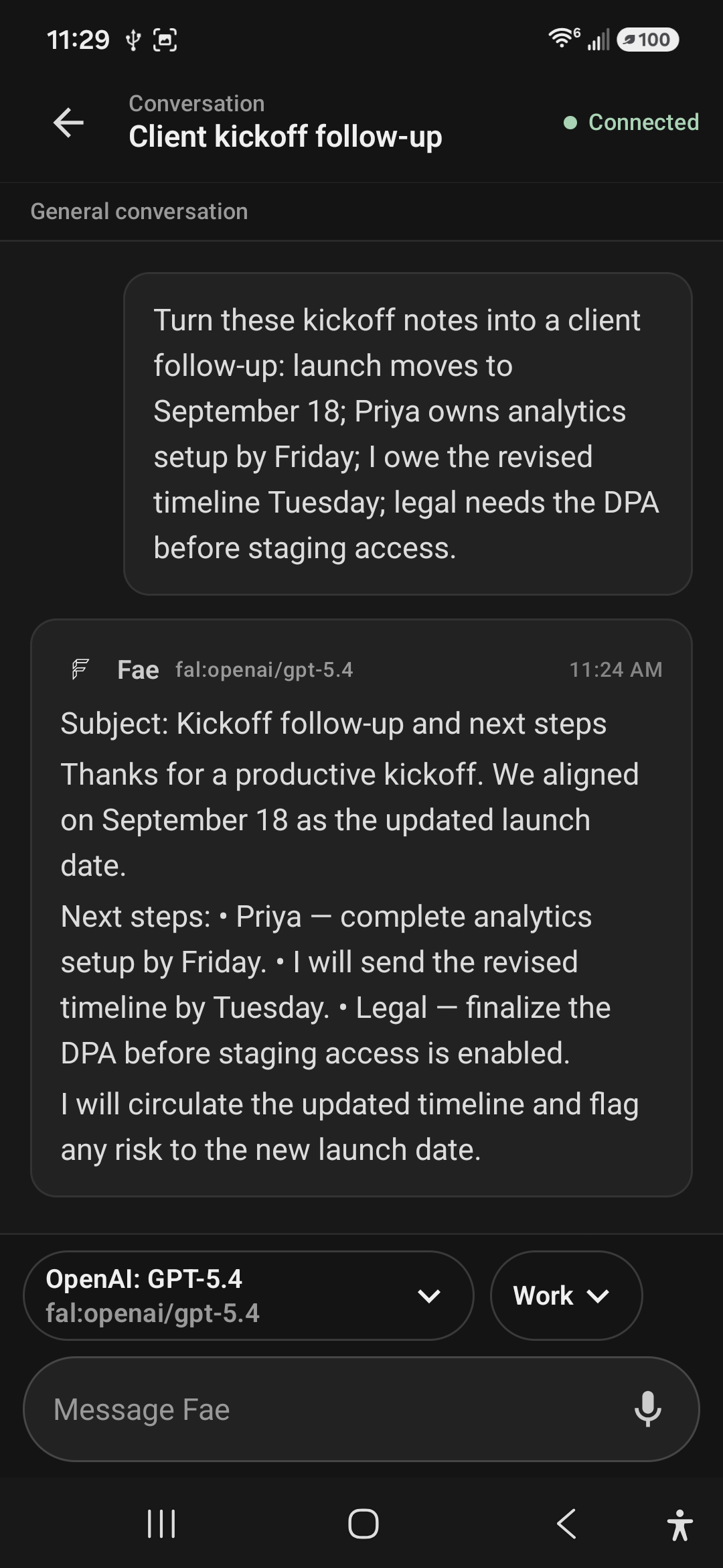 Fae Mobile Work conversation turning kickoff notes into a client follow-up with a September launch date, owners, and next steps.