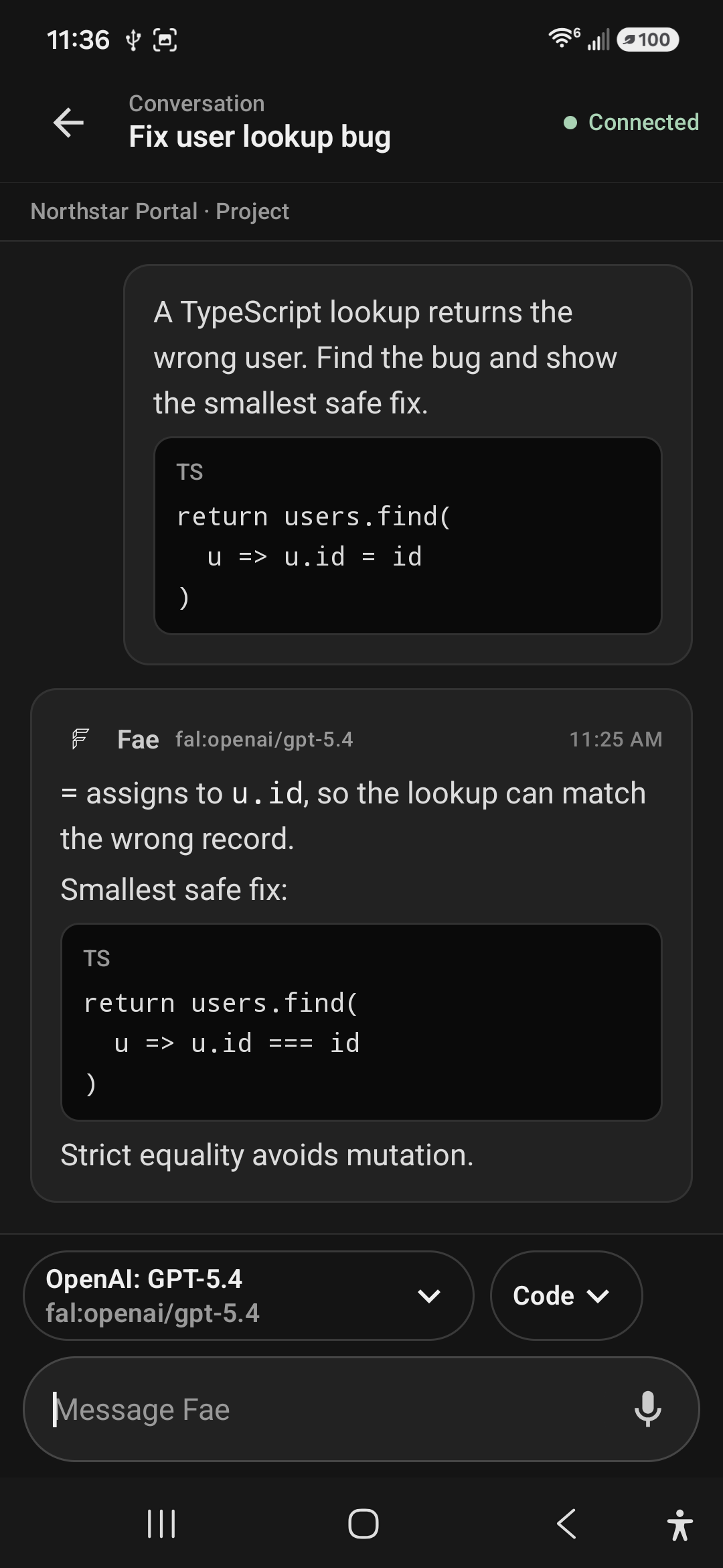 Fae Mobile Code conversation in the Northstar Portal project showing a TypeScript assignment bug and its strict-equality fix.