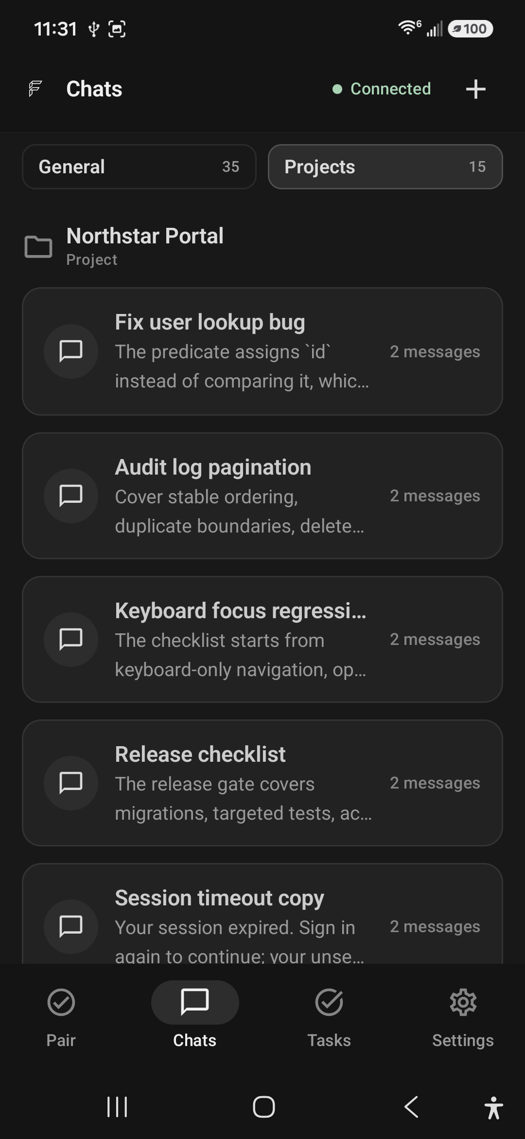 Fae Mobile Projects screen showing the Northstar Portal project with user lookup, audit log, keyboard focus, release, and session timeout conversations.