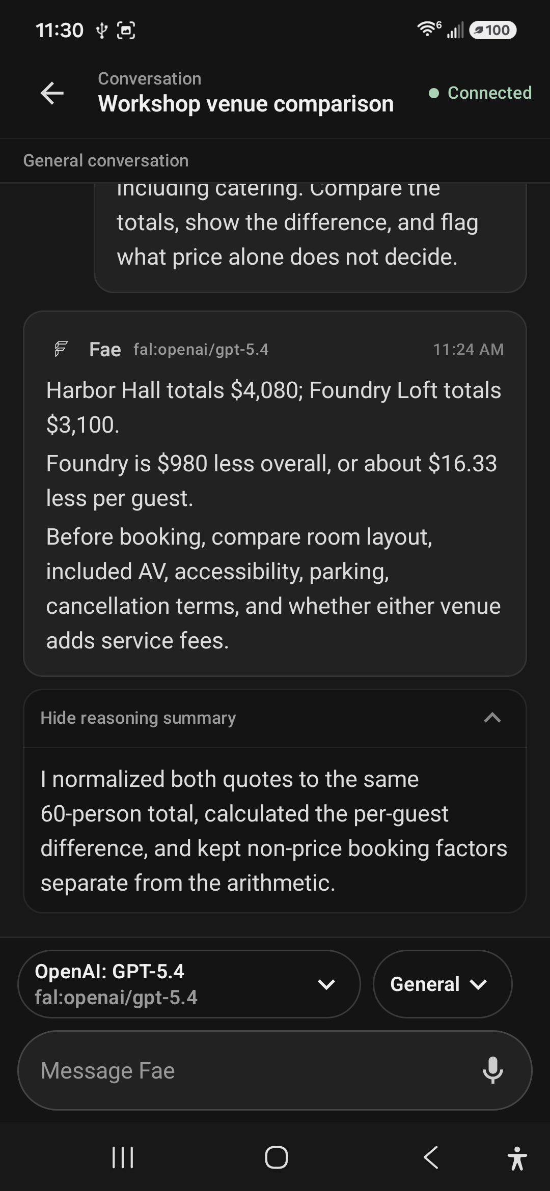 Fae Mobile venue comparison with the answer in the primary message and a separate expanded reasoning summary below it.