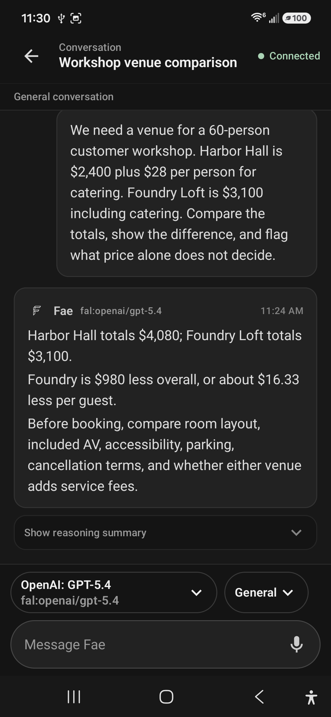 Fae Mobile General conversation comparing complete venue costs for a 60-person workshop and listing non-price booking factors.