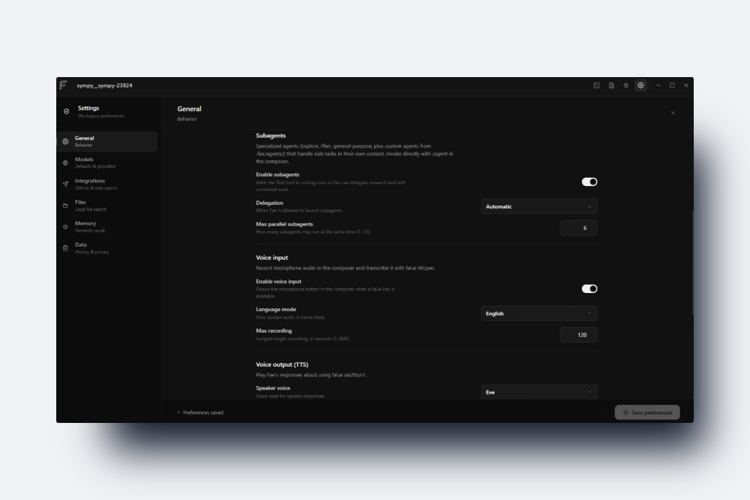 Fae settings screen showing subagent and voice input controls.